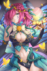 Rule 34 | 1girl, animal ears, bare shoulders, black bridal gauntlets, blue eyes, breasts, bridal gauntlets, bug, butterfly, butterfly wings, cleavage, cleavage cutout, clothing cutout, egg, facial mark, fairy wings, fake animal ears, fire emblem, fire emblem heroes, flower, hair ornament, hair over one eye, hair vines, insect, insect wings, looking at viewer, medium breasts, midriff, navel, nintendo, official alternate costume, purple hair, rabbit ears, short hair, simple background, solo, ten (tenchan man), thighhighs, thorns, triandra (fire emblem), triandra (spring) (fire emblem), wings, zettai ryouiki