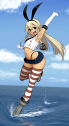 Rule 34 | 10s, 1girl, afloat, anchor hair ornament, arm up, armpits, black panties, blonde hair, crop top, elbow gloves, gloves, grey eyes, hair between eyes, hair ornament, hairband, helmet (touhu812), highleg, highleg panties, highres, kantai collection, long hair, looking at viewer, midriff, miniskirt, navel, ocean, open mouth, panties, school uniform, serafuku, shimakaze (kancolle), skirt, solo, standing, standing on one leg, striped clothes, striped thighhighs, thighhighs, underwear, white gloves, wide hips