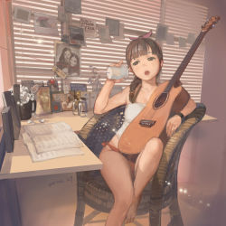 Rule 34 | 10s, 1girl, 2012, :o, acoustic guitar, armchair, bare shoulders, barefoot, window blinds, bottle, bow, bracelet, braid, brown eyes, brown hair, chair, dated, desk, feet on chair, flower, guitar, hair bow, halterneck, head tilt, hjl, holding, instrument, jar, jewelry, john lennon, knee up, leg up, lens flare, ono youko, open mouth, original, panties, peace symbol, petals, phone, photo (object), plant, potted plant, real life, red panties, sheet music, side-tie panties, signature, single braid, sitting, solo, string phone, sunlight, table, underwear, yoko ono