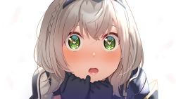 Rule 34 | 1girl, :o, absurdres, ahoge, black gloves, blush, braid, commentary request, french braid, gloves, green eyes, hairband, hand to own mouth, heart, heart-shaped pupils, highres, hololive, lips, looking at viewer, open mouth, shirogane noel, shirogane noel (1st costume), silver hair, simple background, solo, symbol-shaped pupils, teeth, tonarikeru, upper body, virtual youtuber, white background