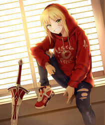 Rule 34 | 1girl, bandaid, bandaid on face, window blinds, blonde hair, chaldea logo, clarent (fate), closed mouth, contemporary, fang, fate/apocrypha, fate (series), green eyes, grin, highres, hood, hood up, hoodie, jacket, knee up, long hair, long sleeves, mordred (fate), mordred (fate/apocrypha), pants, shoes, smile, sneakers, soda smoothies, solo, sword, torn clothes, torn pants, weapon, window