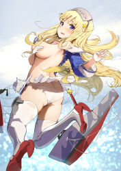 Rule 34 | 1girl, ass, blonde hair, blue shirt, breasts, cleavage, covering privates, covering breasts, cowboy shot, double bun, fletcher (kancolle), gloves, hair bun, hair ornament, hairband, highres, kantai collection, large breasts, long hair, mmk, panties, sailor collar, school uniform, serafuku, shirt, solo, star (symbol), star hair ornament, tears, torn clothes, underwear, white panties