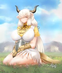 Rule 34 | 1girl, ^ ^, absurdres, ahoge, animal ears, arm rest, bare arms, bare legs, barefoot, black horns, breasts, brown horns, closed eyes, collared shirt, day, dress, extra ears, flower, full body, gloves, grass, hair over one eye, highres, horns, huge breasts, impossible clothes, impossible dress, kemono friends, kemono friends 3, long hair, mountainous horizon, multicolored horns, neck ribbon, nelly (altsarespicy), outdoors, ox ears, ox girl, ox horns, parted bangs, ribbon, shirt, short dress, short sleeves, sidelocks, sitting, sky, solo, tail, very long hair, white dress, white hair, wing collar, yak (kemono friends), yellow shirt