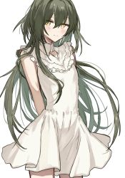 Rule 34 | 1010 neg, 1girl, arms behind back, blush, closed mouth, cowboy shot, dress, green hair, hair between eyes, highres, looking at viewer, original, simple background, sleeveless, sleeveless dress, smile, solo, val (vbabylon), white background, white dress, yellow eyes