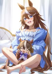 Rule 34 | 1girl, :d, absurdres, animal ears, bare shoulders, barefoot, bed, blue eyes, blue hoodie, blue pajamas, blush, bow, brown hair, chakuma (yiyh1468), character doll, closed eyes, commentary request, curtains, doll, earrings, frilled pajamas, hair between eyes, hair down, highres, holding, holding doll, hood, hood down, hoodie, horse ears, horse girl, horse tail, jewelry, long hair, looking at viewer, multicolored hair, on bed, open mouth, pajamas, partial commentary, pillow, purple bow, purple serafuku, purple shirt, purple skirt, school uniform, serafuku, shirt, short sleeves, single earring, skirt, smile, soles, solo, streaked hair, symboli rudolf (umamusume), tail, teeth, tokai teio (umamusume), tracen school uniform, umamusume, upper teeth only, very long hair, white hair