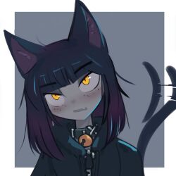 Rule 34 | 1girl, absurdres, animal ears, bell, black hair, black jacket, blush, cat ears, cat girl, cat tail, collar, highres, jacket, looking at viewer, neck bell, nradiowave, original, short hair, solo, tail, tail raised, yellow eyes
