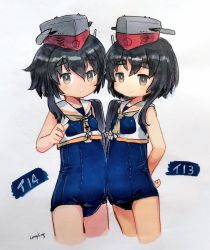 Rule 34 | absurdres, asymmetrical hair, black hair, blue one-piece swimsuit, breast cutout, breasts, brown eyes, brown neckerchief, character name, commentary request, cowboy shot, cropped legs, framed breasts, hair between eyes, headphones, highres, i-13 (kancolle), i-14 (kancolle), kantai collection, neckerchief, one-piece swimsuit, sailor collar, school swimsuit, short hair, small breasts, stok33, swimsuit, swimsuit under clothes, traditional media