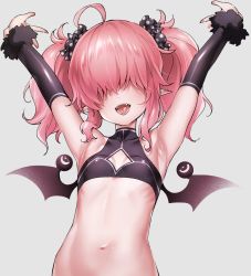 Rule 34 | 1girl, armpits, arms up, breasts, cleavage cutout, clothing cutout, demon girl, demon wings, facing viewer, fangs, grey background, hair ornament, hair over eyes, hair scrunchie, hizuki akira, navel, open mouth, original, outstretched arms, pink hair, pointy ears, polka dot, revision, scrunchie, simple background, small breasts, smile, solo, tongue, turtleneck, upper body, wings