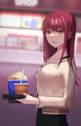 Rule 34 | 1girl, alternate hairstyle, blurry, blurry background, chainsaw man, cup, disposable cup, food, highres, makima (chainsaw man), movie theater, popcorn, raimone26, red hair, smile, sweater, white sweater, yellow eyes