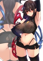 Rule 34 | 1girl, absurdres, ahoge, arm behind head, arm up, armpits, ass, black hair, breasts, elbow gloves, from behind, gloves, highres, houjuu nue, large breasts, long hair, multiple views, navel, pointy ears, red eyes, see-through, shorts, thighhighs, thighs, touhou, yukito (dreamrider)