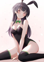 Rule 34 | 1girl, animal ears, bare shoulders, black hair, black thighhighs, blush, bow, bowtie, breasts, cleavage, closed mouth, detached collar, fake animal ears, green bow, green bowtie, highres, idolmaster, idolmaster shiny colors, leotard, long hair, looking at viewer, mayuzumi fuyuko, medium breasts, panna444, playboy bunny, rabbit ears, red eyes, sitting, solo, thighhighs, thighs, twitter username