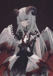 Rule 34 | 1girl, alternate costume, bird, blood, blood on clothes, bloody wings, chinese commentary, collared dress, commentary, curled horns, demon horns, demon wings, dress, grey eyes, grey hair, hair between eyes, highres, horns, liv: empyrea (punishing: gray raven), liv (punishing: gray raven), long hair, punishing: gray raven, sidelocks, sleeveless, sleeveless dress, very long hair, wings, zhou huan (dgpe2833)