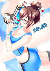 Rule 34 | 1girl, ahoge, alternate costume, arched back, bare shoulders, black-framed eyewear, blue shorts, blush, bracelet, breasts, character name, cleavage, closed mouth, collarbone, cowboy shot, from side, glasses, gun, hair bun, hair ornament, hair stick, holding, holding gun, holding weapon, jewelry, large breasts, mei (overwatch), necklace, overwatch, overwatch 1, pearl bracelet, pearl necklace, profile, red eyes, ribbon, seo, short hair, shorts, single hair bun, sleeveless, smile, solo, tank top, weapon, white ribbon, zoom layer