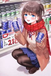 Rule 34 | 1girl, blue eyes, blush, brown hair, canned tuna, glowing, jacket, loafers, looking at viewer, open mouth, original, pantyhose, plaid, plaid scarf, rangu, ribbon, scarf, school uniform, shoes, side ponytail, skirt, smile, solo, sparkle, squatting, vest