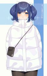 Rule 34 | 1girl, bag, black pants, blue eyes, blue hair, coat, commentary request, cowboy shot, hair ribbon, highres, jacket, kantai collection, kozu (bloomme1 me), long hair, looking at viewer, official alternate costume, pants, ribbon, shoulder bag, solo, souryuu (kancolle), standing, straight-on, twintails, twitter username, white jacket, white ribbon, winter clothes, winter coat
