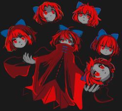 Rule 34 | 1girl, :|, absurdres, ahoge, black background, black shirt, blue bow, bow, cloak, closed mouth, covered mouth, expressionless, hair bow, highres, ichinose (kurui96), juggling, long sleeves, looking at viewer, one-hour drawing challenge, red cloak, red eyes, red hair, red skirt, sekibanki, shirt, short hair, simple background, skirt, solo, touhou, upper body, wide sleeves