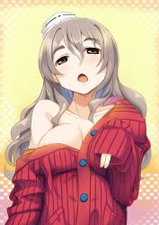 Rule 34 | 10s, 1girl, alternate costume, areola slip, breasts, cardigan, cleavage, grey eyes, grey hair, hair between eyes, hat, highres, kantai collection, large breasts, long hair, looking at viewer, mini hat, off shoulder, open mouth, pola (kancolle), red sweater, ribbed sweater, sleeves past wrists, solo, sorano (12gou), sweater, wavy hair
