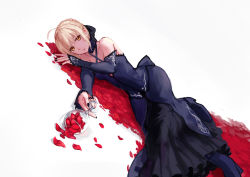 Rule 34 | 1girl, artoria pendragon (all), artoria pendragon (fate), bare shoulders, blonde hair, detached sleeves, dress, fate/stay night, fate (series), hair ribbon, hfp~kubiao, hfp～kubiao, highres, lying, petals, ribbon, saber (fate), saber alter, simple background, solo, yellow eyes