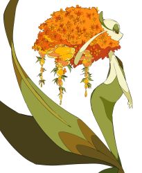 Rule 34 | 1girl, arched back, arms at sides, big hair, closed mouth, colored skin, creatures (company), expressionless, female focus, flat chest, florges, florges (orange flower), flower, from side, full body, game freak, gen 6 pokemon, green skin, half-closed eyes, highres, leaf, monster girl, multicolored skin, nintendo, oimo kenpi, orange eyes, orange flower, orange hair, plant girl, pokemon, pokemon (creature), profile, sideways mouth, simple background, solo, standing, two-tone skin, white background