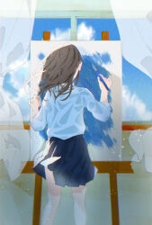 Rule 34 | 1girl, blue skirt, blue sky, blurry, brown hair, canvas (object), clothes lift, cloud, collared shirt, commentary, curtains, day, film grain, from behind, highres, hina miz04, holding, holding brush, indoors, light particles, long hair, original, paint, paintbrush, painting (action), pleated skirt, shirt, skirt, skirt lift, sky, sleeves rolled up, solo, standing, sunlight, symbol-only commentary, white shirt, wind, wind lift, window