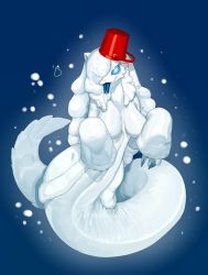 Rule 34 | 1girl, blue background, blue eyes, breasts, bucket, female focus, forked tongue, furry, furry female, hair over one eye, highres, lamia, long hair, meziro001, monster girl, original, simple background, sleeves past wrists, snow, solo, tongue, tongue out