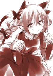 Rule 34 | 1girl, animal ears, cat ears, cat girl, cat tail, extra ears, female focus, kaenbyou rin, looking at viewer, monochrome, simple background, smile, solo, tail, toosaka asagi, touhou, white background