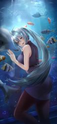 Rule 34 | 1girl, absurdres, aquarium, ass, azura cecillia, black pantyhose, blue eyes, blue hair, clownfish, dolphin, dress, elvandec, fish, floating hair, from side, grey dress, highres, indonesian commentary, leaning forward, long hair, looking at viewer, multicolored hair, nijisanji, nijisanji id, open mouth, pantyhose, pink hair, ponytail, smile, solo, streaked hair, very long hair, virtual youtuber