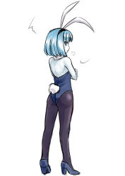 Rule 34 | 1girl, animal ears, blue eyes, blue hair, blue skin, colored skin, crossed arms, detached collar, fake animal ears, from behind, gender request, genderswap, league of legends, looking back, nam (valckiry), pantyhose, playboy bunny, rabbit ears, rabbit tail, short hair, tail, xerath