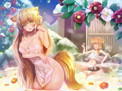 Rule 34 | 2girls, :d, :o, alcohol, animal ear fluff, animal ears, bare shoulders, blush, breasts, butterfly sitting, choko (cup), cleavage, closed eyes, covering privates, crotch, cup, flat chest, flower, fox ears, fox girl, fox tail, hand up, knees apart feet together, large breasts, long hair, looking at viewer, meesuke, multiple girls, naked towel, nude cover, onsen, open mouth, original, outdoors, paw pose, plant, sake, sitting, smile, tail, thighs, tokkuri, towel, very long hair, wading, water, wet, wet hair, yellow eyes