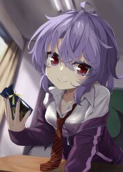 Rule 34 | 1girl, ahoge, akisome hatsuka, bag, bat wings, blurry, blurry background, breasts, chalkboard, closed mouth, collared shirt, commentary request, crossed bangs, curtains, holding, holding bag, indoors, jacket, looking at viewer, medium breasts, medium hair, necktie, purple hair, purple jacket, red eyes, red nails, red necktie, remilia scarlet, shirt, sidelocks, small breasts, solo, striped necktie, touhou, white shirt, wings