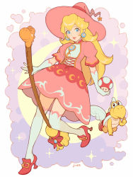 Rule 34 | 1girl, alternate costume, blonde hair, blue eyes, brooch, broom, commentary, crescent, cross-laced clothes, dress, earrings, elbow gloves, full body, gloves, hat, high heels, highres, holding, jewelry, jivke, koopa paratroopa, lips, long hair, looking at viewer, mario (series), mushroom, nintendo, pink dress, pink headwear, princess peach, puffy short sleeves, puffy sleeves, red footwear, shoes, short sleeves, signature, star (symbol), thighhighs, white gloves, white thighhighs, witch, witch hat, yoshi