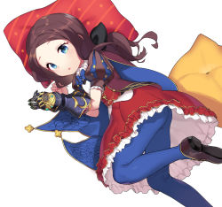 Rule 34 | 1girl, :o, aged down, ass, black bow, blue bow, blue bowtie, blue eyes, blue pantyhose, blush, bow, bowtie, brown footwear, brown hair, brown jacket, child, fate/grand order, fate (series), forehead, gauntlets, hair bow, highres, jacket, jehyun, leonardo da vinci (fate), leonardo da vinci (fate/grand order), leonardo da vinci (rider) (fate), long hair, lying, on side, pantyhose, parted bangs, parted lips, pillow, puffy short sleeves, puffy sleeves, red skirt, shirt, shoe soles, shoes, short sleeves, single gauntlet, skirt, solo, white shirt