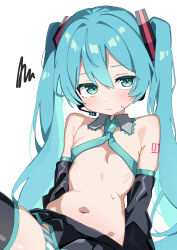 1girl adapted_costume arm_tattoo black_skirt blue_eyes blue_hair blue_trim blush breasts closed_mouth detached_collar detached_sleeves hair_ornament hatsune_miku headset highres looking_at_viewer maud0239 miniskirt navel number_tattoo panties simple_background skirt small_breasts solo squiggle striped_clothes striped_panties sweatdrop tattoo thighhighs twintails underwear vocaloid white_background