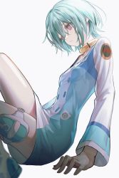 Rule 34 | 1girl, aqua hair, choker, collarbone, eureka (eureka seven), eureka seven, eureka seven (series), grey background, hair between eyes, highres, parted lips, pink pupils, pouch, purple eyes, shiba42505719, short hair, simple background, sitting, solo, thigh pouch, yellow choker