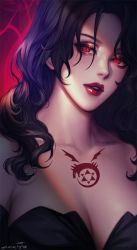 Rule 34 | &#039;o&#039;ne, 1girl, 2017, artist name, bad id, bad pixiv id, black hair, breasts, chest tattoo, cleavage, dated, eyelashes, facing viewer, fullmetal alchemist, glowing, glowing eyes, head tilt, large breasts, lipstick, long hair, looking at viewer, lust (fma), makeup, mascara, ouroboros, parted lips, red background, red eyes, red lips, red lips, slit pupils, solo, strapless, tattoo, upper body, wavy hair