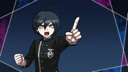 Rule 34 | 1boy, ahoge, black hair, black jacket, black sleeves, blue background, buttons, clenched hand, collared jacket, commentary request, crest, danganronpa (series), danganronpa v3: killing harmony, double-breasted, eyelashes, gradient background, green eyes, hair between eyes, jacket, layered sleeves, long sleeves, looking at viewer, male focus, official style, open mouth, outside border, parody, pinstripe jacket, pinstripe pattern, pinstripe sleeves, pocket, pointing, pointing at viewer, polka dot, polka dot background, saihara shuichi, short hair, simple background, solo, style parody, teeth, upper body, v-shaped eyebrows, yumaru (marumarumaru)