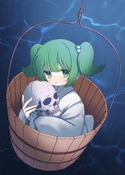 Rule 34 | 1girl, bucket, e sdss, full body, green eyes, green hair, hair bobbles, hair ornament, highres, holding, holding skull, in bucket, in container, japanese clothes, kimono, kisume, looking at viewer, short hair, skull, solo, touhou, two side up, white kimono, wooden bucket