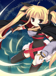 Rule 34 | 00s, 1girl, ahoge, armlet, bardiche (nanoha), belt, black ribbon, black thighhighs, blonde hair, cape, choker, expressionless, fate testarossa, fate testarossa (lightning form), hair ribbon, holding, holding sword, holding weapon, kanna ryouto, long hair, looking at viewer, lyrical nanoha, mahou shoujo lyrical nanoha, mahou shoujo lyrical nanoha a&#039;s, red eyes, ribbon, sidelocks, solo, sword, thighhighs, twintails, very long hair, weapon