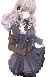 Rule 34 | 1girl, bag, black bow, black pantyhose, blue eyes, bow, grey hair, grey jacket, grey skirt, highres, jacket, long hair, long sleeves, looking at viewer, missile228, original, pantyhose, parted lips, simple background, skirt, smile, solo, white background