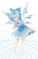 Rule 34 | 1girl, artist name, barefoot, blue dress, blue hair, bow, cirno, closed eyes, clothes lift, dress, full body, hair ornament, hair ribbon, highres, ice, ice wings, joelyn lai, lyn (shunao), ribbon, short hair, short sleeves, simple background, skirt, skirt hold, skirt lift, smile, solo, touhou, white background, wings