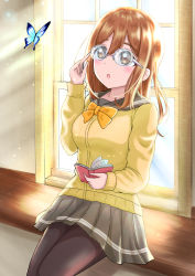 Rule 34 | 1girl, :o, absurdres, artist name, artist request, black pantyhose, blush, book, bow, bowtie, breasts, brown eyes, brown hair, bug, butterfly, collarbone, eyebrows, female focus, glasses, grey sailor collar, grey skirt, hair between eyes, highres, holding, holding book, indoors, insect, kunikida hanamaru, light brown hair, long hair, long sleeves, looking at viewer, love live!, love live! sunshine!!, matching hair/eyes, miniskirt, orange bow, orange bowtie, pantyhose, parted lips, plaid, plaid skirt, pleated, pleated skirt, sailor collar, school uniform, sitting, skirt, sleeves past wrists, smile, solo, sparkle, sunlight, sweater, sweater vest, uranohoshi school uniform, vest, window, yellow eyes, yellow sweater, yellow vest