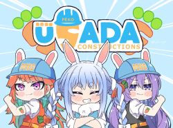 Rule 34 | 3girls, animal ear fluff, animal ears, arm tattoo, blue hair, blush, braid, carrot, carrot hair ornament, chibi, closed eyes, don-chan (usada pekora), flexing, food-themed hair ornament, hair ornament, hard hat, helmet, hololive, hololive english, hololive indonesia, kukie-nyan, moona hoshinova, multicolored hair, multiple girls, rabbit ears, short eyebrows, smile, takanashi kiara, tattoo, twin braids, two-tone hair, uniform, usada kensetsu, usada pekora, v-shaped eyebrows, virtual youtuber, white hair