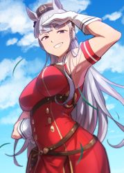 Rule 34 | 1girl, absurdres, animal ears, armband, armpits, belt pouch, blue sky, blunt bangs, breasts, buttons, contrapposto, cowboy shot, double-breasted, dress, gloves, gold ship (umamusume), grey hair, grin, hand on own hip, highres, horse ears, horse girl, horse tail, large breasts, long hair, looking at viewer, pillbox hat, pouch, purple eyes, red dress, shading eyes, shituzhi, sky, sleeveless, sleeveless dress, smile, solo, tail, umamusume, white gloves