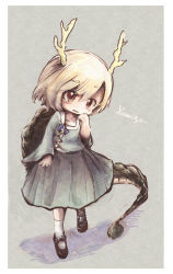 Rule 34 | 1girl, black footwear, blonde hair, blue shirt, blue skirt, brown eyes, character name, collarbone, commentary request, dragon girl, dragon horns, dragon tail, full body, grey background, hair between eyes, horns, kicchou yachie, kouba, long sleeves, mary janes, open mouth, shirt, shoes, short hair, simple background, skirt, socks, solo, tail, touhou, turtle shell, white socks, aged down