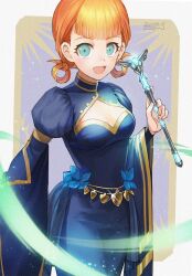 Rule 34 | 1girl, annette fantine dominic, blue dress, blue eyes, border, cleavage cutout, clothing cutout, dated, dress, eyelashes, fire emblem, fire emblem: three houses, fon-due (fonfon), glint, hair rings, holding, holding scepter, looking at viewer, nintendo, open mouth, scepter, short hair, signature, solo, white border, wide sleeves