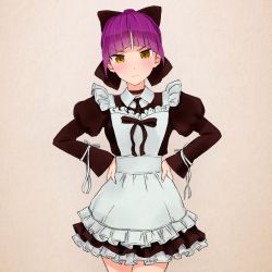Rule 34 | 1girl, akagi (fmttps), alternate costume, apron, artist name, ascot, bad id, bad pixiv id, black ascot, black bow, black choker, blush, bow, brown background, cat girl, choker, closed mouth, collared dress, commentary, dress, enmaided, frilled apron, frilled dress, frills, frown, gegege no kitarou, hair bow, hands on own hips, juliet sleeves, long sleeves, looking at viewer, maid, maid apron, nekomusume, nekomusume (gegege no kitarou 6), petticoat, pointy ears, puffy sleeves, purple hair, short dress, short hair, solo, standing, twitter username, v-shaped eyebrows, yellow eyes