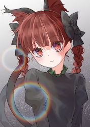 Rule 34 | 1girl, absurdres, animal ears, black bow, blush, bow, braid, cat ears, dress, extra ears, female focus, hair bow, highres, kaenbyou rin, light smile, long sleeves, looking at viewer, ninniku (mfu7324), red eyes, red hair, smile, solo, touhou, twin braids, twintails, upper body