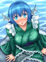 Rule 34 | 1girl, blue eyes, blue hair, blush, breasts, collarbone, fins, head fins, hozenkakari, japanese clothes, kimono, large breasts, looking at viewer, matching hair/eyes, mermaid, monster girl, obi, open mouth, revision, rock, sash, sitting, sitting on rock, solo, touhou, wakasagihime, water