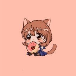 Rule 34 | 1girl, alternate costume, animal ears, black footwear, blue skirt, blush stickers, brown eyes, brown hair, brown tail, cat ears, cat tail, chibi, commentary request, doughnut, earrings, eyelashes, food, full body, hair between eyes, highres, holding, holding food, jewelry, looking to the side, medium hair, open mouth, persona, persona 3, pink background, pleated skirt, school uniform, sitting, sketch, skirt, solo, stud earrings, tail, takeba yukari, yuyuy 00