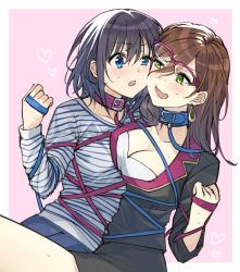 Rule 34 | 2girls, black hair, black jacket, black skirt, blue collar, blue eyes, bound, breasts, brown hair, cleavage, collar, collarbone, female focus, glasses, green eyes, hair behind ear, heart, hero-san to moto onna kanbu-san, highres, holding, holding leash, honey trap (hero-san to moto onna kanbu-san), honjou hayate, jacket, leash, multiple girls, open mouth, purple collar, shirt, skirt, somechime (sometime1209), striped clothes, striped shirt, surprised, tied up (nonsexual), white background, yuri